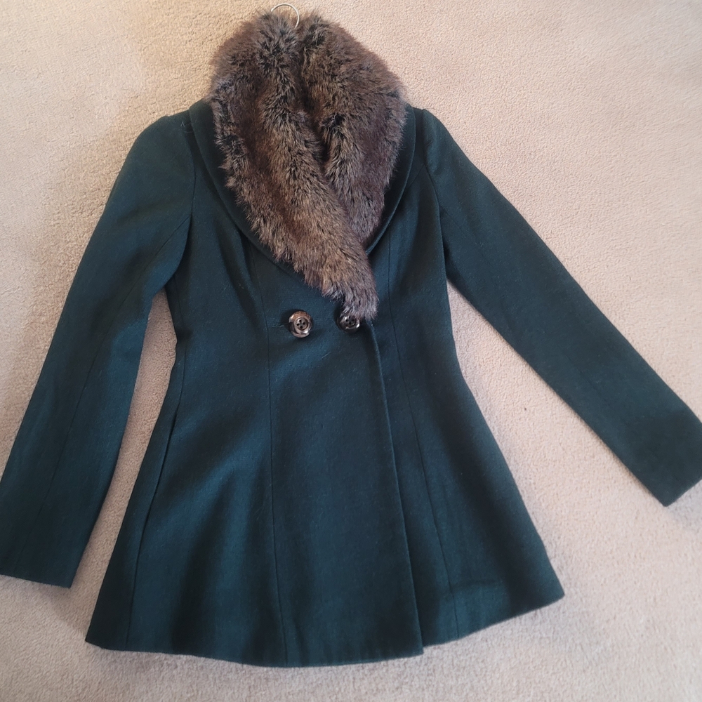 Ark & Co Dark Green Pea Coat with Faux Fur Collar